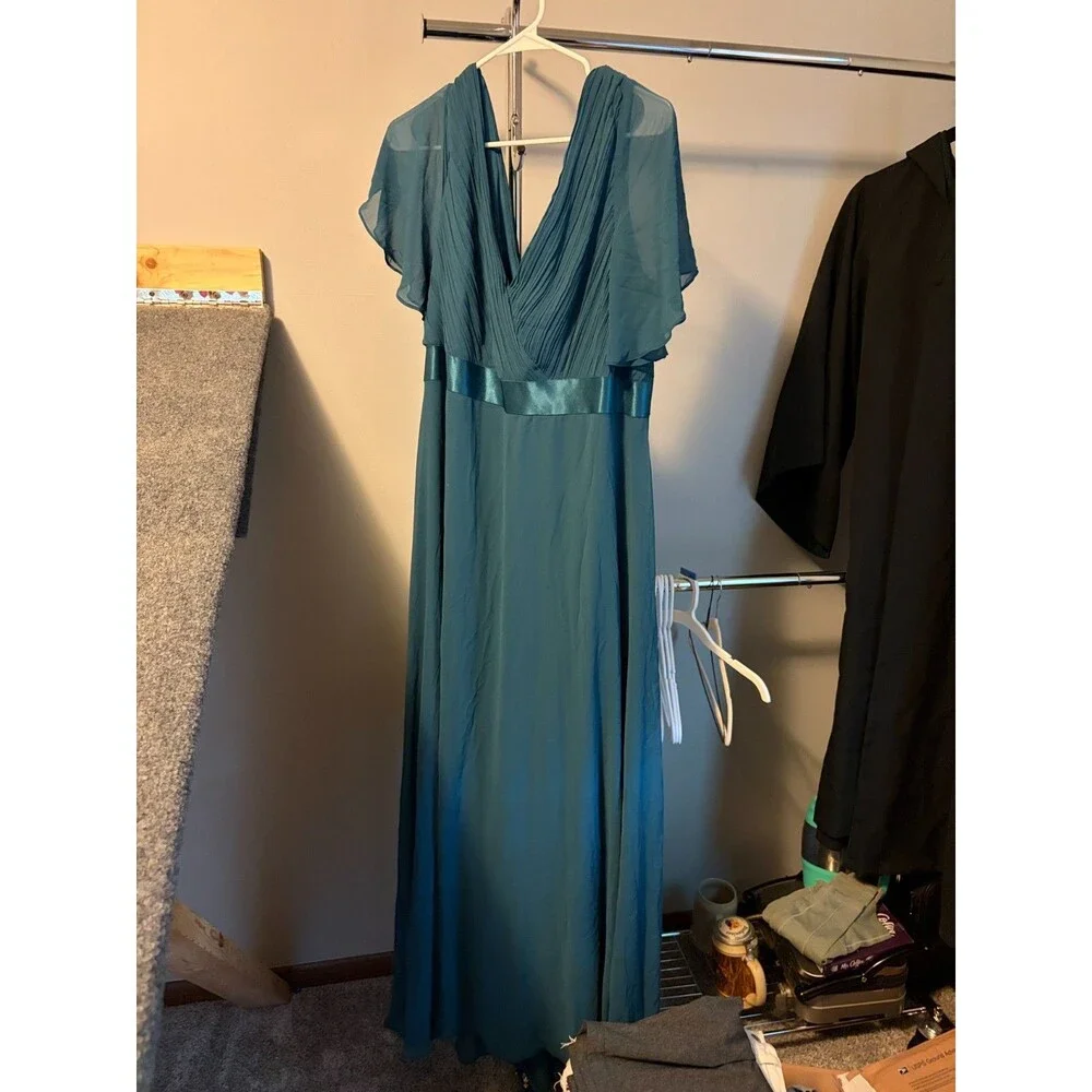 Ever-Pretty Teal Pleated V Neck Flutter Sleeve Formal Maxi Dress 8XL US 24 NWT